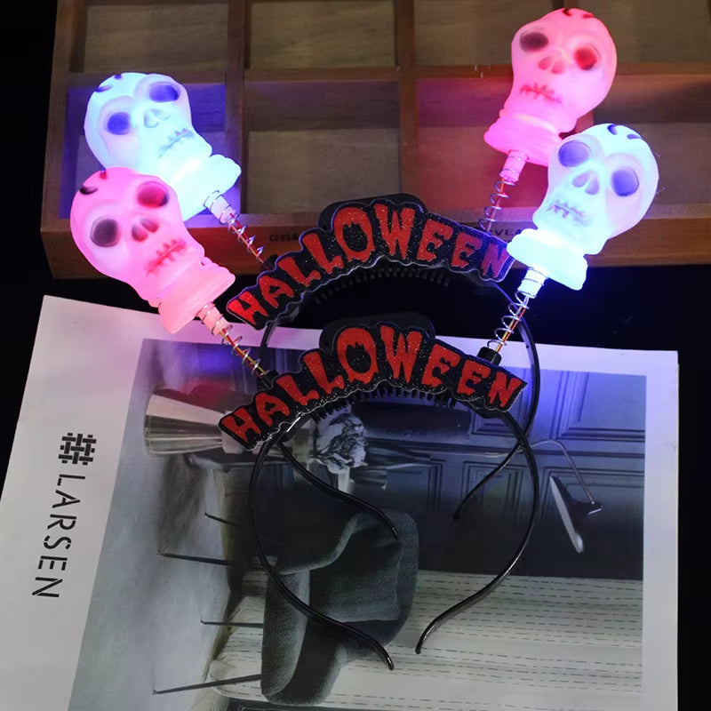 Glowing Halloween Pumpkin Headband Halloween Dress up Party Skull Headdress Led Bats Fiber Hairband for Costume Parties