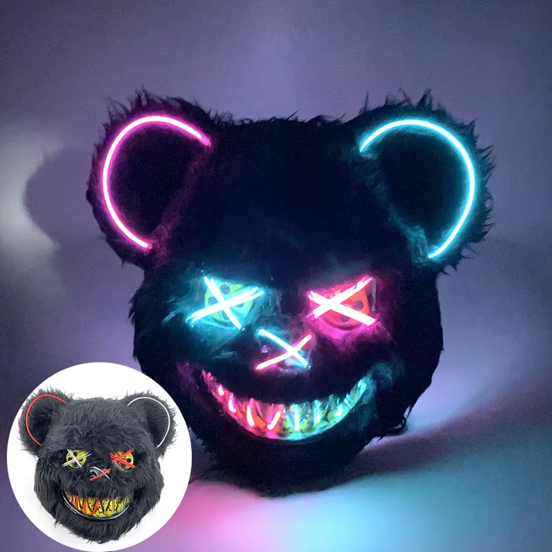 LED Bloody Bear Mask Halloween Masquerade Plush Brown Bear Mask Light up Killer Assassinated Black Bear Haunted House Mask