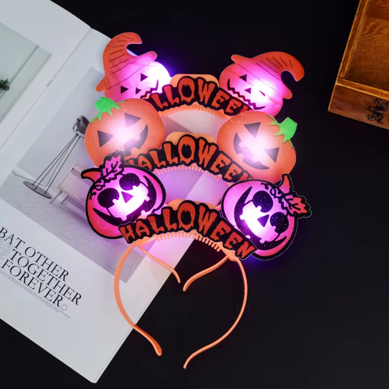 Glowing Halloween Pumpkin Headband Halloween Dress up Party Skull Headdress Led Bats Fiber Hairband for Costume Parties