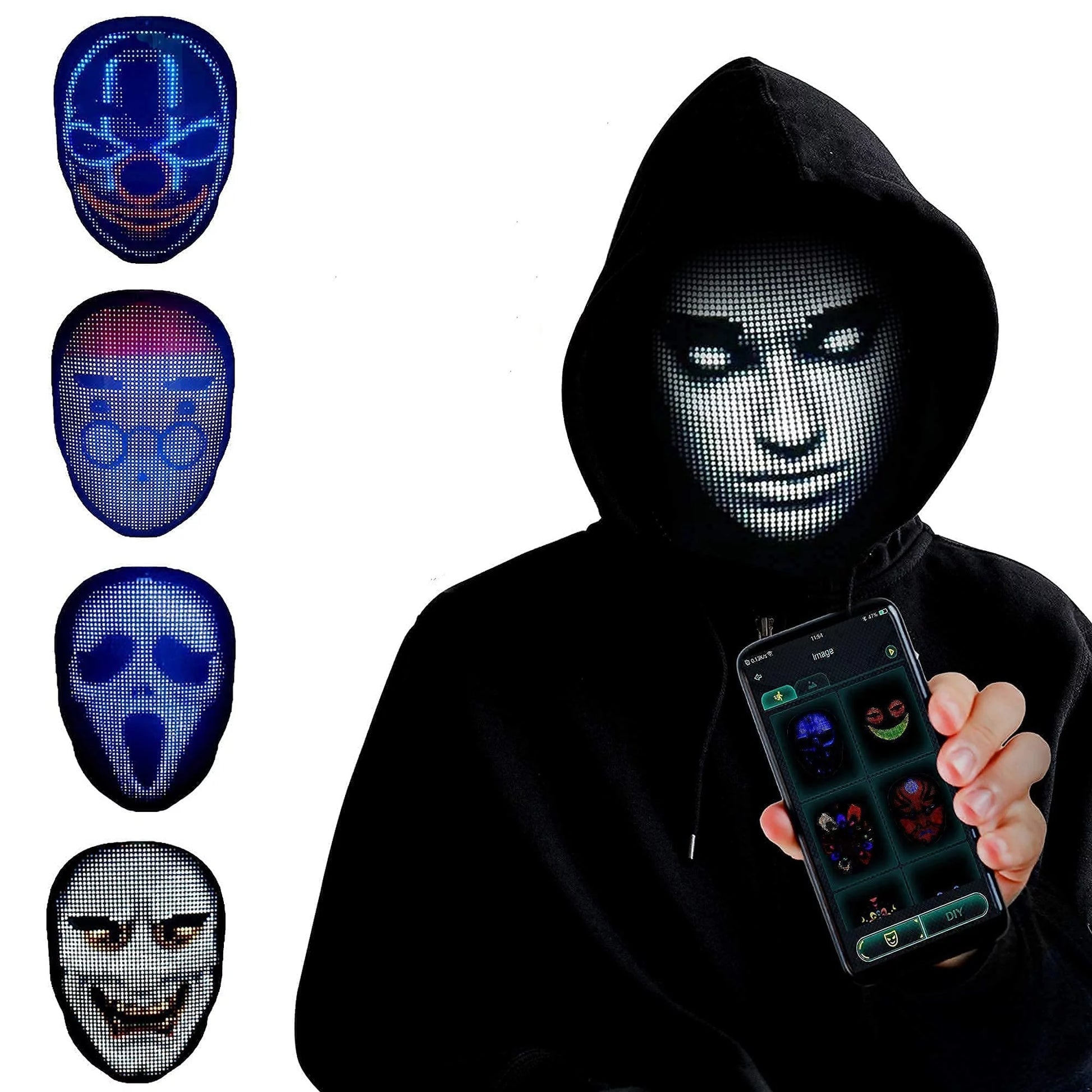 LED Halloween Mask, Costume for Adults, Bluetooth Face Mask, Cosplay Light Up, Digital Face Transforming, Glowy Zoey, Programmable, for Halloween, Parties and Christmas