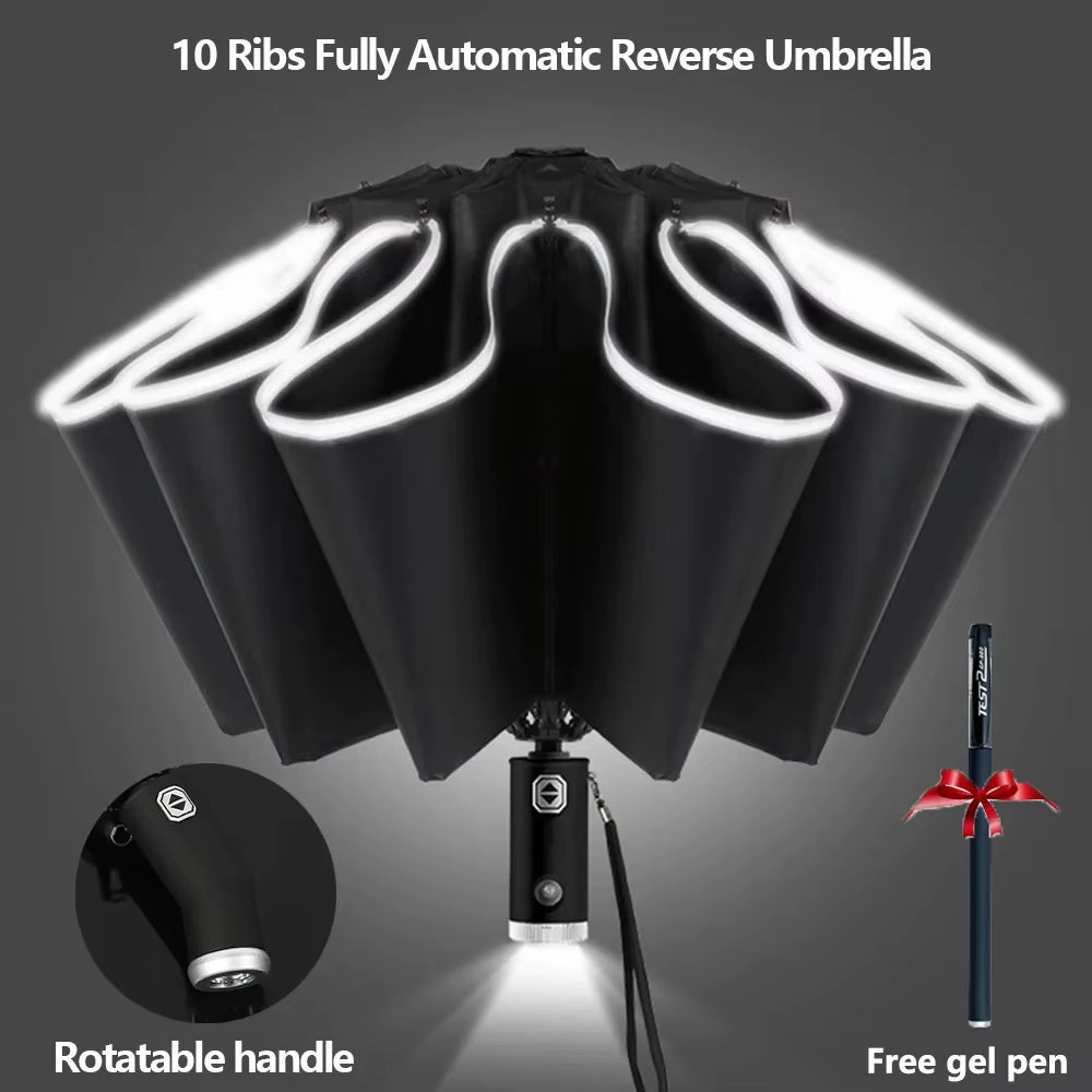 Fully Automatic Reverse Folding Umbrella with LED Flashlight 10Ribs Windproof Reflective Stripe UV Umbrellas for Sun or Rain Day