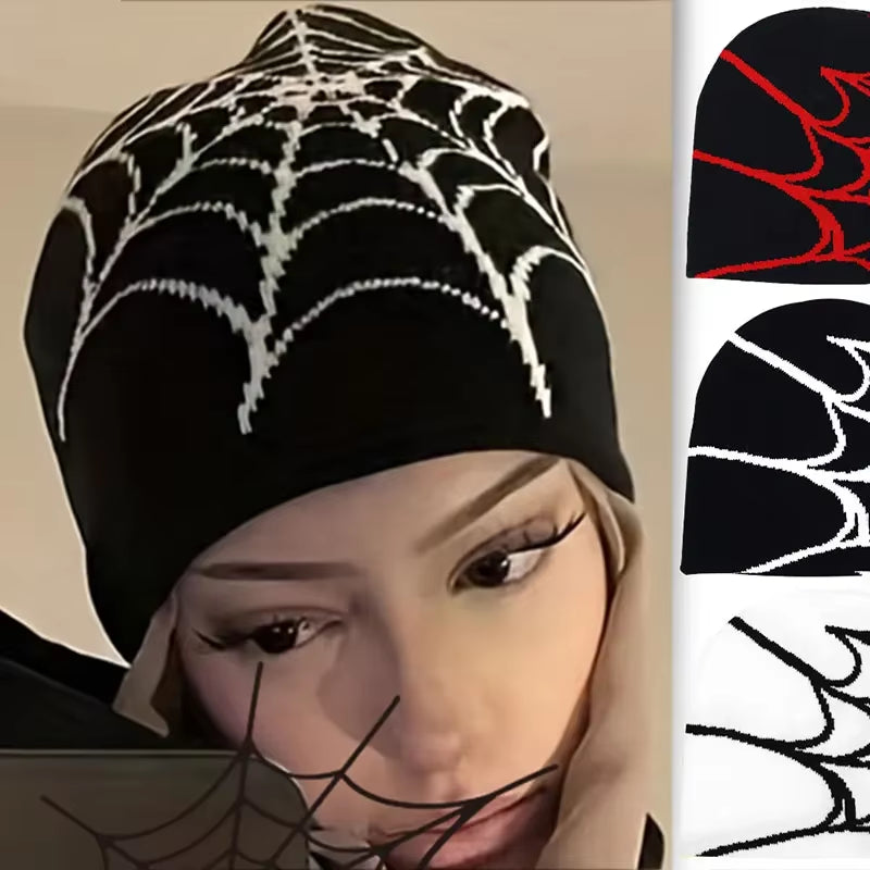 Fashion Knitting Spider Web Design Hat for Men Women Pullover Pile Cap Y2K Goth Warm Beanie Hats New Hip-Hop Street Cap