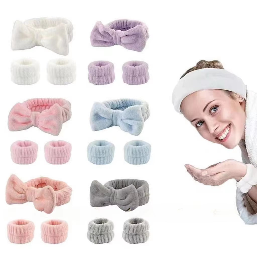 3Pcs Bow Headband Wristband Set Towel Elastic Soft Washing Face Shower Make up Yoga Sports Skincare Headband for Women Girls