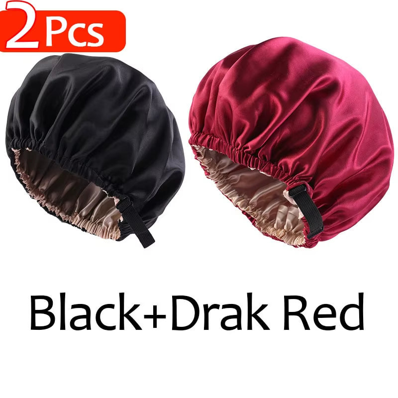 2Pcs Set Large Satin Bonnet Silk Night Sleeping Cap Long Satin Bonnet with Head Tie Band Bonnet Edge Wrap for Women Hair