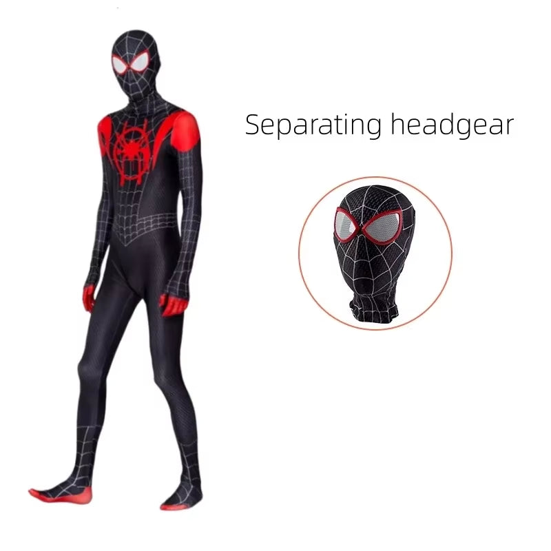 Black Spiderman Costume with Spider Man Mask Spider Man into the Spider Verse Miles Cosplay Halloween Costume for Kids and Adult