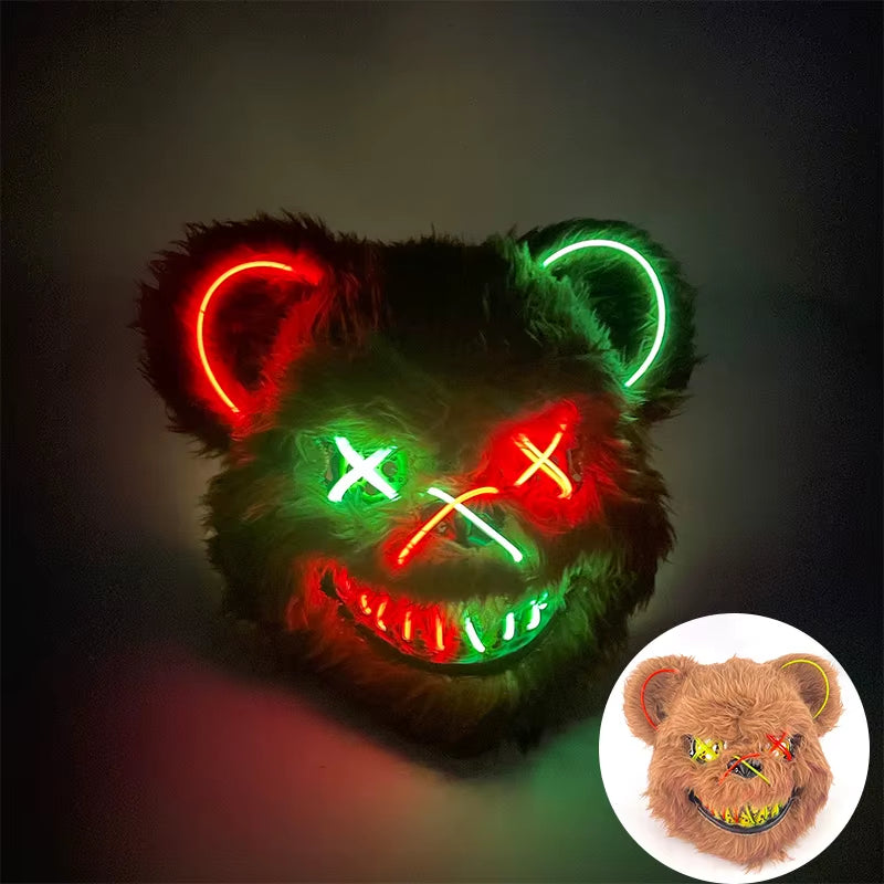 LED Bloody Bear Mask Halloween Masquerade Plush Brown Bear Mask Light up Killer Assassinated Black Bear Haunted House Mask