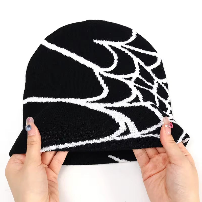 Fashion Knitting Spider Web Design Hat for Men Women Pullover Pile Cap Y2K Goth Warm Beanie Hats New Hip-Hop Street Cap