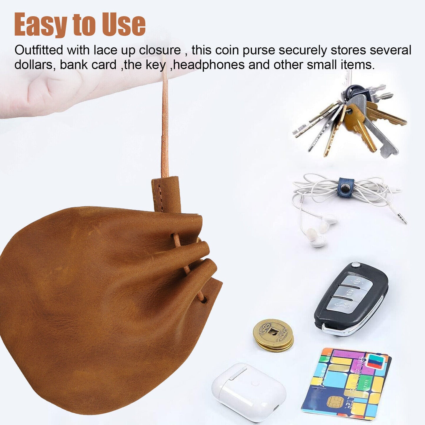 Leather Wallet Coin Pouch Case Drawstring String Bag Small Purse for Men Women