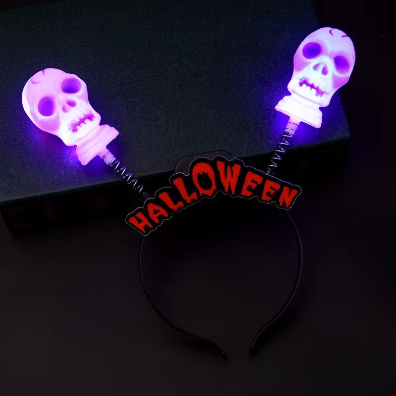 Glowing Halloween Pumpkin Headband Halloween Dress up Party Skull Headdress Led Bats Fiber Hairband for Costume Parties