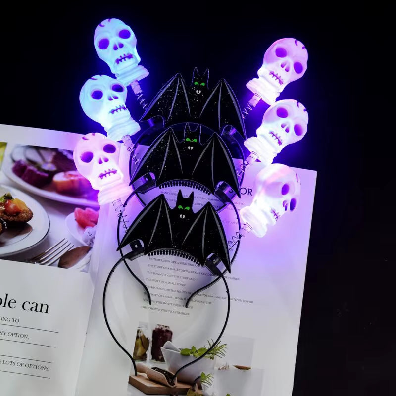 Glowing Halloween Pumpkin Headband Halloween Dress up Party Skull Headdress Led Bats Fiber Hairband for Costume Parties