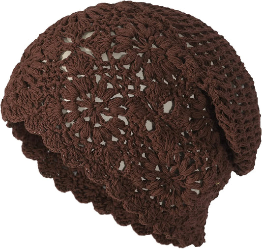 Women Cotton Crochet Slouchy Beanie Hat Handmade Knit Cutout Summer Floral Skull Cap