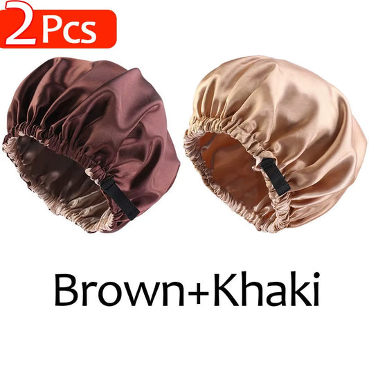 2Pcs Set Large Satin Bonnet Silk Night Sleeping Cap Long Satin Bonnet with Head Tie Band Bonnet Edge Wrap for Women Hair