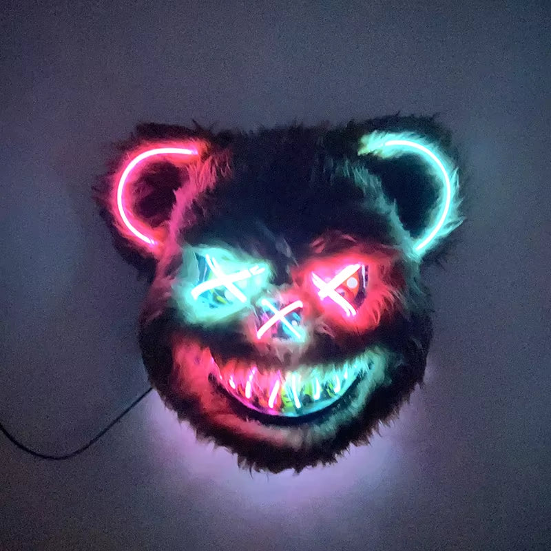 LED Bloody Bear Mask Halloween Masquerade Plush Brown Bear Mask Light up Killer Assassinated Black Bear Haunted House Mask