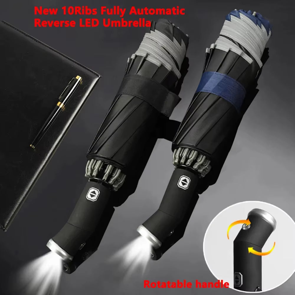 Fully Automatic Reverse Folding Umbrella with LED Flashlight 10Ribs Windproof Reflective Stripe UV Umbrellas for Sun or Rain Day