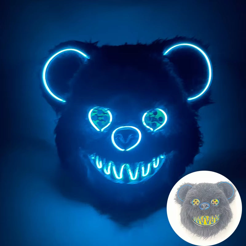 LED Bloody Bear Mask Halloween Masquerade Plush Brown Bear Mask Light up Killer Assassinated Black Bear Haunted House Mask