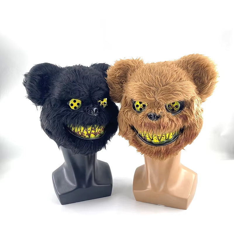 LED Bloody Bear Mask Halloween Masquerade Plush Brown Bear Mask Light up Killer Assassinated Black Bear Haunted House Mask